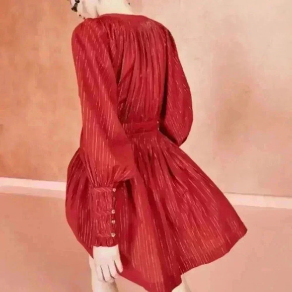 NWOT ULLA JOHNSON Metallic Cotton Long Sleeve Red Ruby Rory Dress Pockets Size 6 - Picture 2 of 14